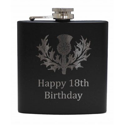 6oz Matt Black Hip Flask With Cups Gift Set (Scottish designs)
