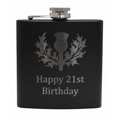 6oz Matt Black Hip Flask With Cups Gift Set (Scottish designs)
