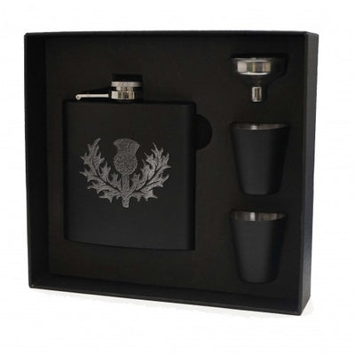 6 oz Matt Black Hip Flask With Cups Gift Set (Clan Crest)