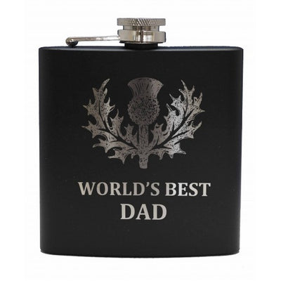 6oz Matt Black Hip Flask With Cups Gift Set (Scottish designs)