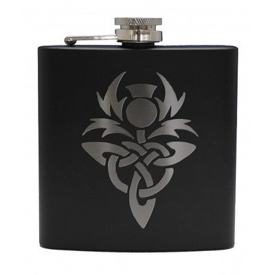 6oz Matt Black Hip Flask With Cups Gift Set (Scottish designs)