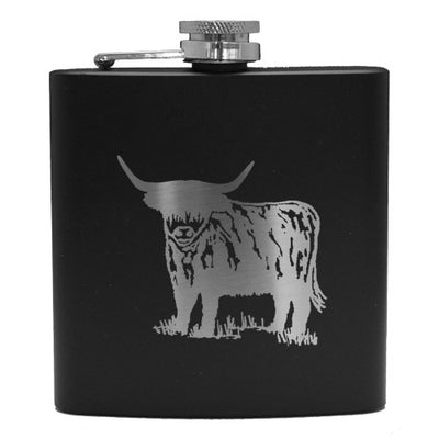 6oz Matt Black Hip Flask With Cups Gift Set (Scottish designs)