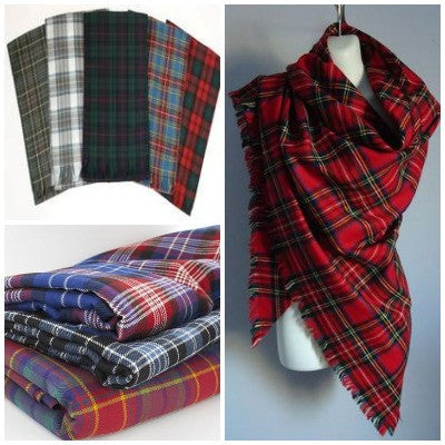 Tartan sash, scarves, and shawl.