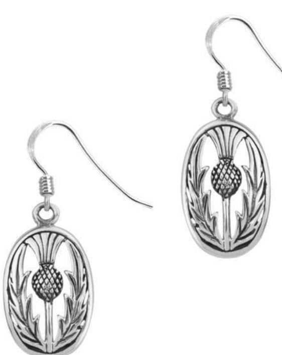 Scottish Thistle Silver Oval Drop Earrings
