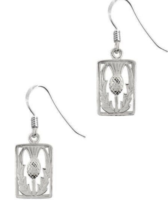 Scottish Thistle Silver Rectangle Drop Earrings
