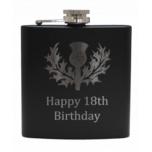 6oz Matt Black Hip Flask (Thistle + one of 4 standard messages)