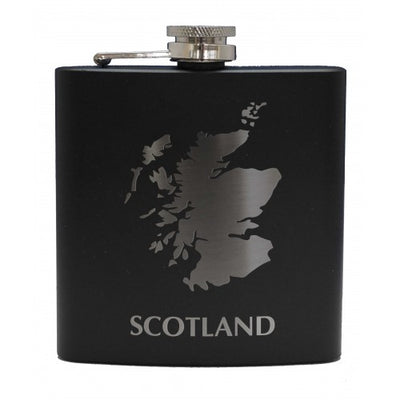 6oz Matt Black Hip Flask With Cups Gift Set (Scottish designs)